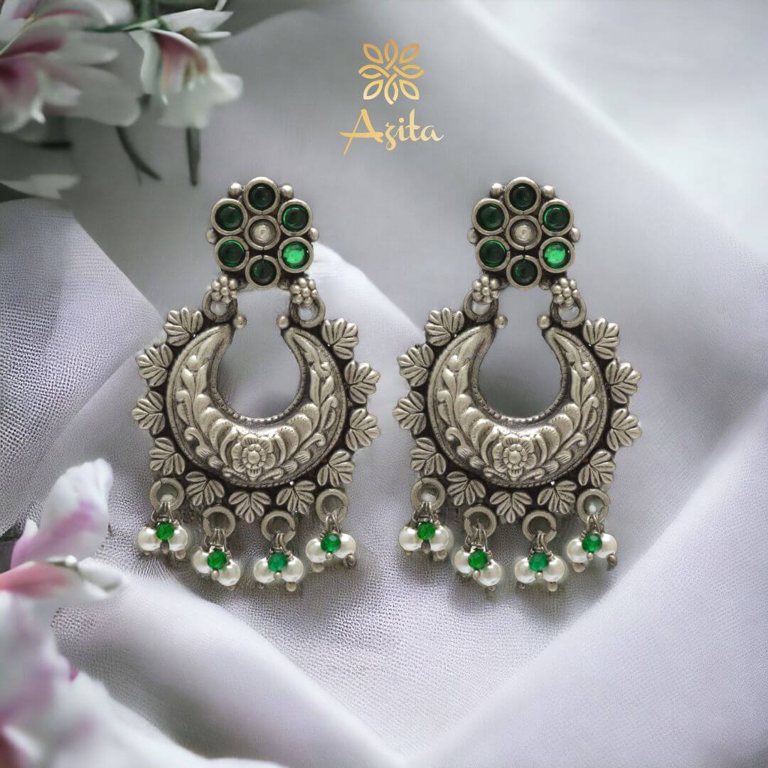 Azita 925 Sterling Silver Oxidised Dangle and Drop Earrings for Women & Girls| White & Green Stone Chandbali| With Certificate of Authenticity & 925 Stamp.