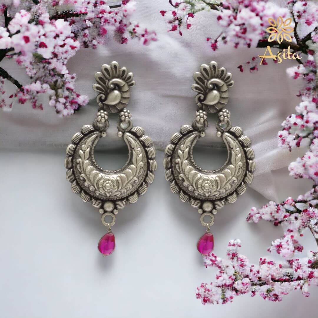Azita 925 Sterling Silver Oxidised Dangle and Drop Earrings for Women and Girls| Pink Stone Chandbali| With Certificate of Authenticity and 925 Stamp.
