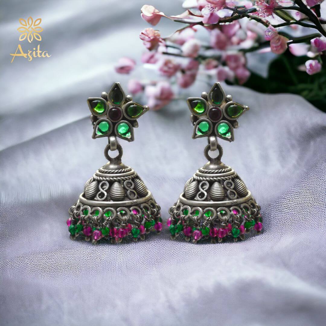 Azita 925 Sterling Silver Jhumki Earrings for Women and Girls| Green Flower Top with Pink and Green Hanging| With Certificate of Authenticity and 925 Stamp|