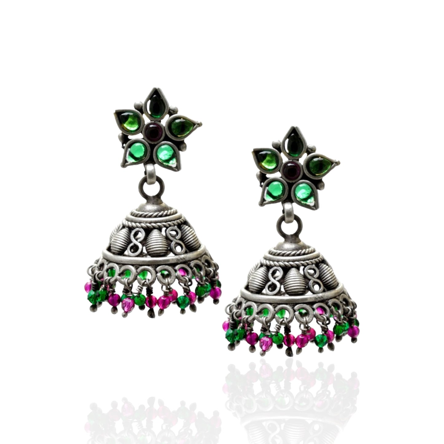 Azita 925 Sterling Silver Jhumki Earrings for Women and Girls| Green Flower Top with Pink and Green Hanging| With Certificate of Authenticity and 925 Stamp|