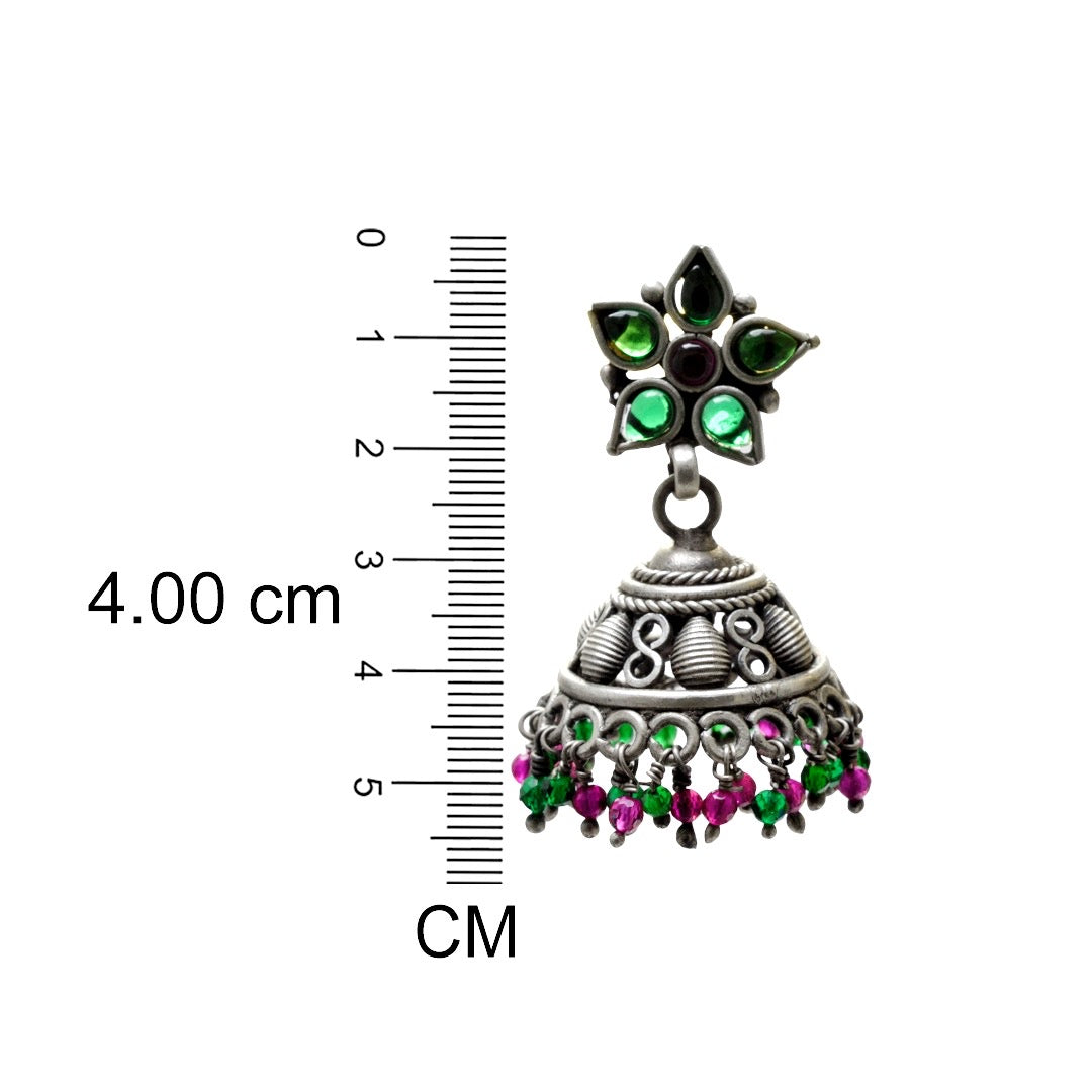Azita 925 Sterling Silver Jhumki Earrings for Women and Girls| Green Flower Top with Pink and Green Hanging| With Certificate of Authenticity and 925 Stamp|