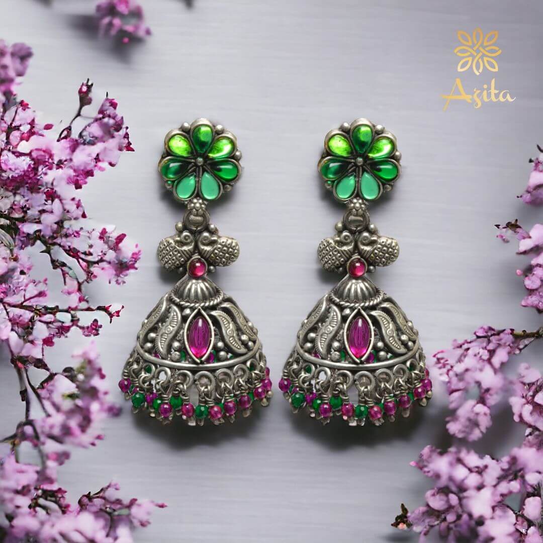Azita 925 Sterling Silver Jhumki Earrings for Women and Girls| Green Flower Top with Peacock | With Certificate of Authenticity & 925 Stamp|