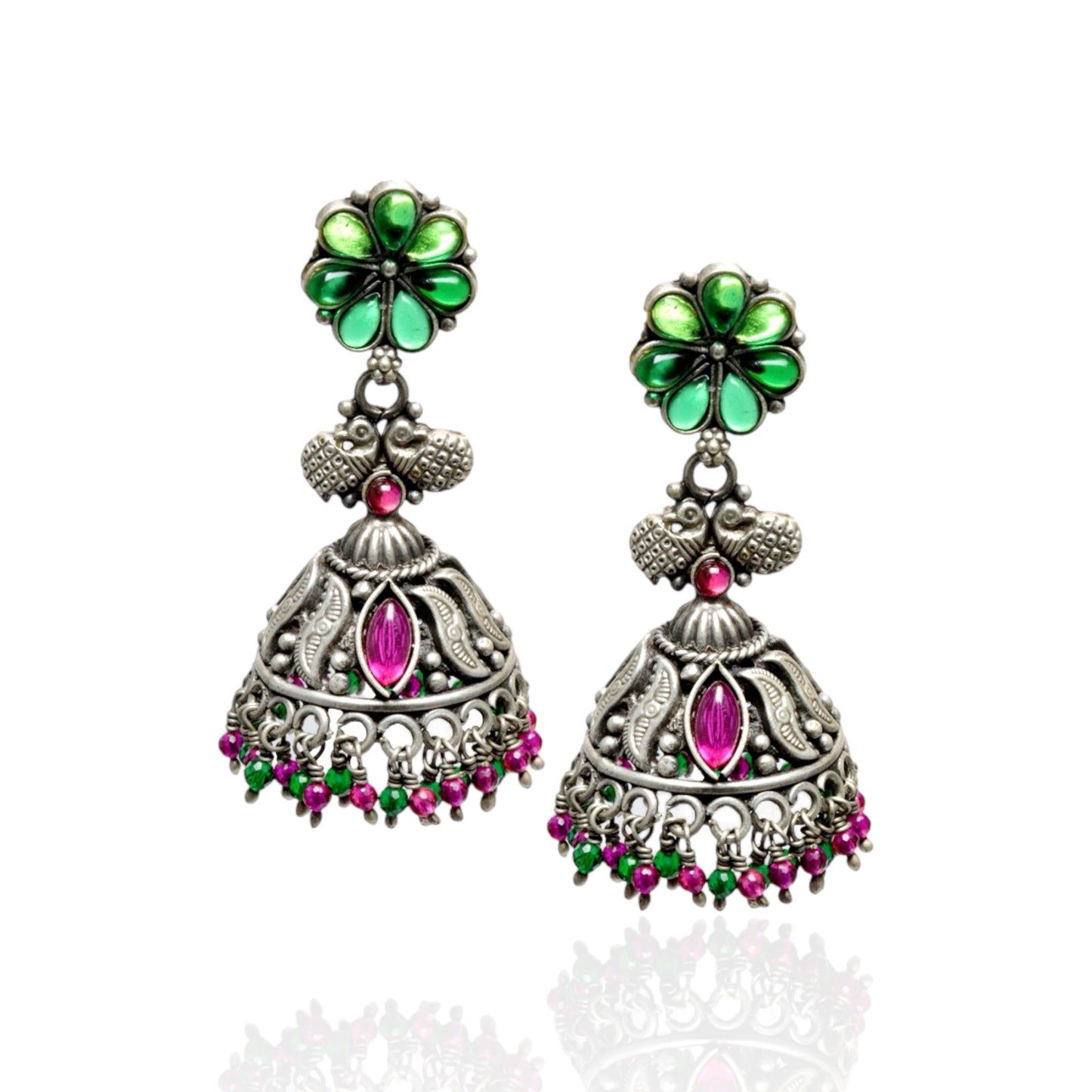 Azita 925 Sterling Silver Jhumki Earrings for Women and Girls| Green Flower Top with Peacock | With Certificate of Authenticity & 925 Stamp|