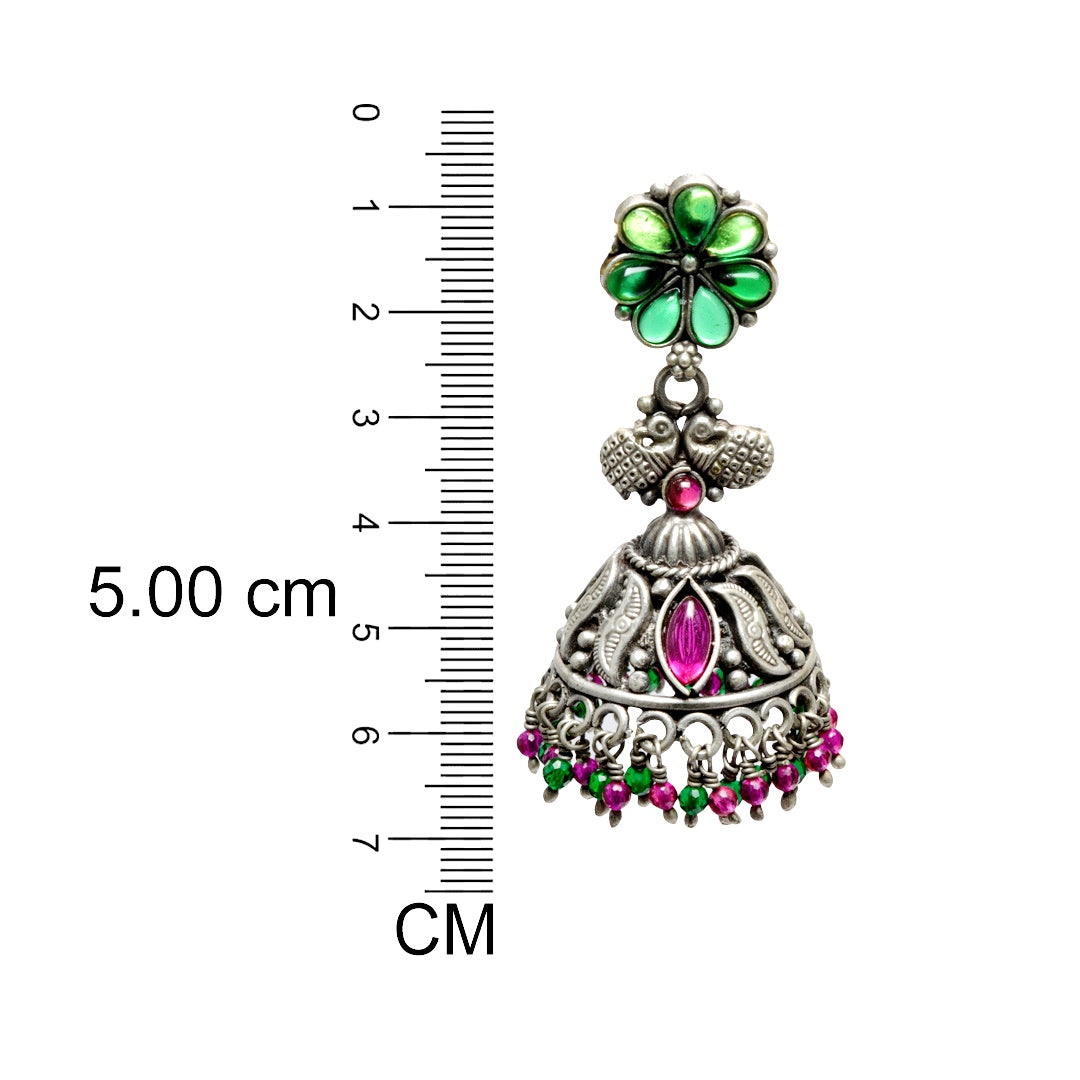 Azita 925 Sterling Silver Jhumki Earrings for Women and Girls| Green Flower Top with Peacock | With Certificate of Authenticity & 925 Stamp|