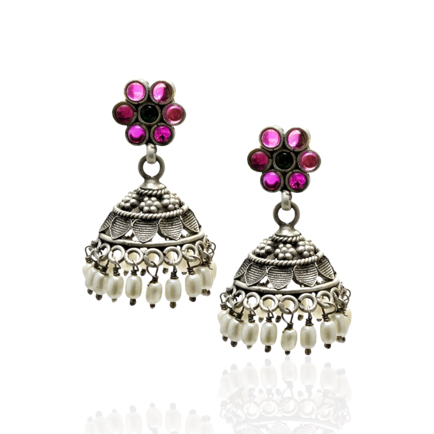 Azita 925 Sterling Silver Jhumki Earrings for Women and Girls| Pink Flower Top with White Stone Hanging| With Certificate of Authenticity and 925 Stamp|