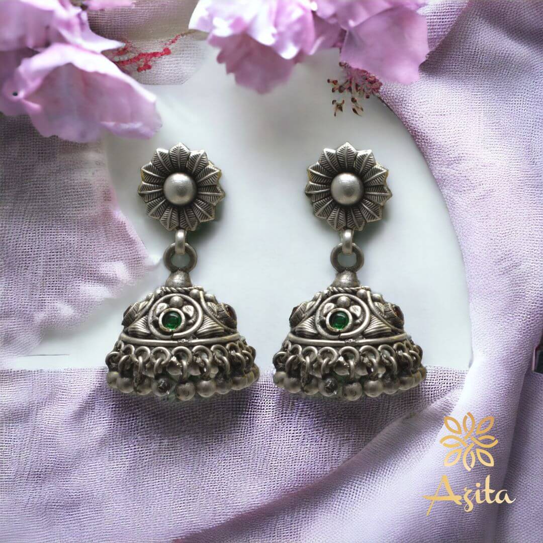 Azita 925 Sterling Silver Jhumki Earrings for Women and Girls| Silver Flower Top | With Certificate of Authenticity & 925 Stamp|