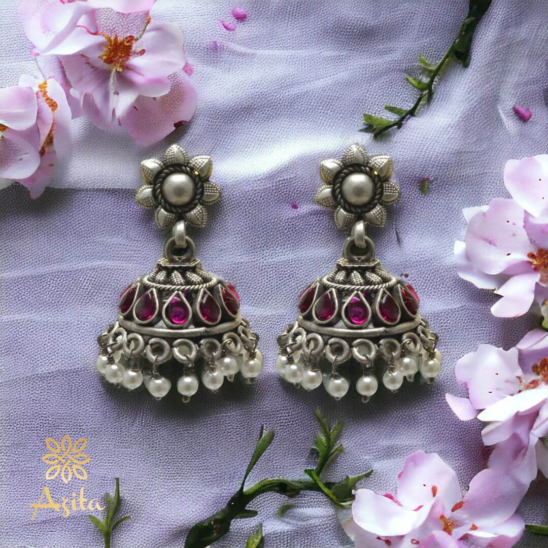 Azita 925 Sterling Silver Jhumki Earrings for Women and Girls| Flower Top with Pink Drop Stone | With Certificate of Authenticity & 925 Stamp|