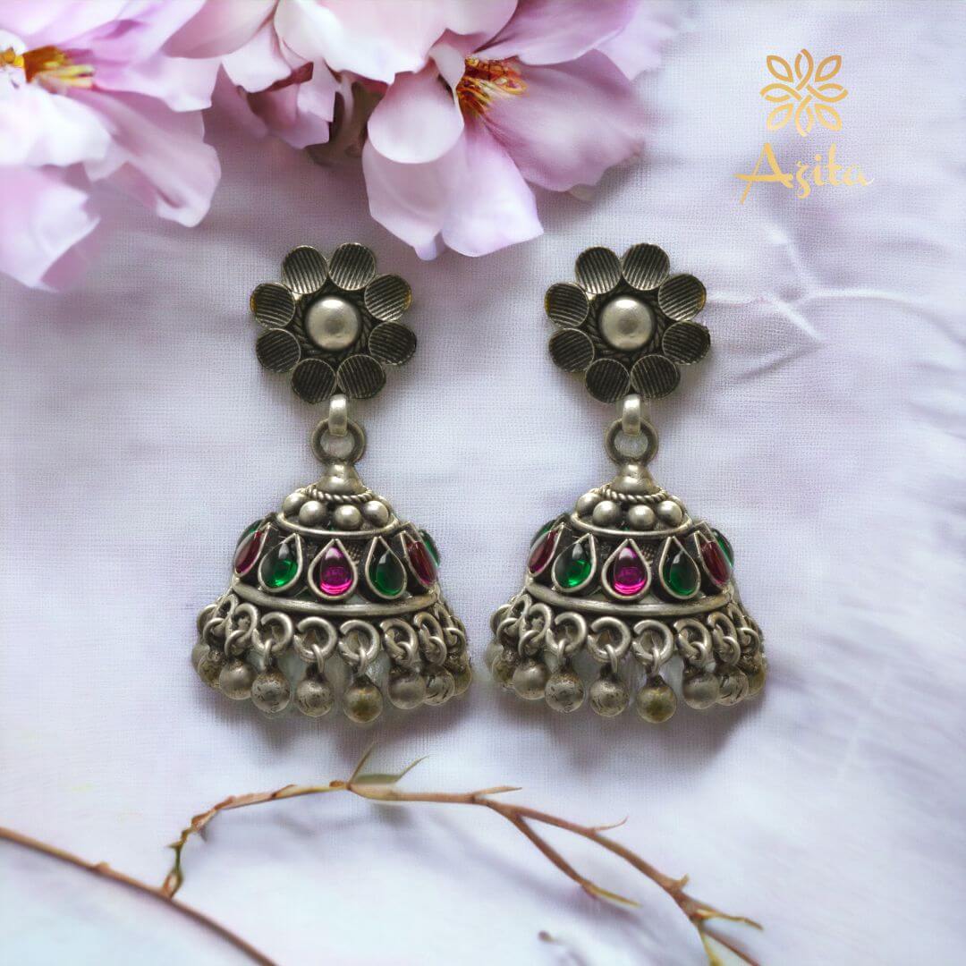 Azita 925 Sterling Silver Oxidised Jhumki Earrings for Women and Girls| Pink & Green Drop Stones | With Certificate of Authenticity & 925 Stamp|