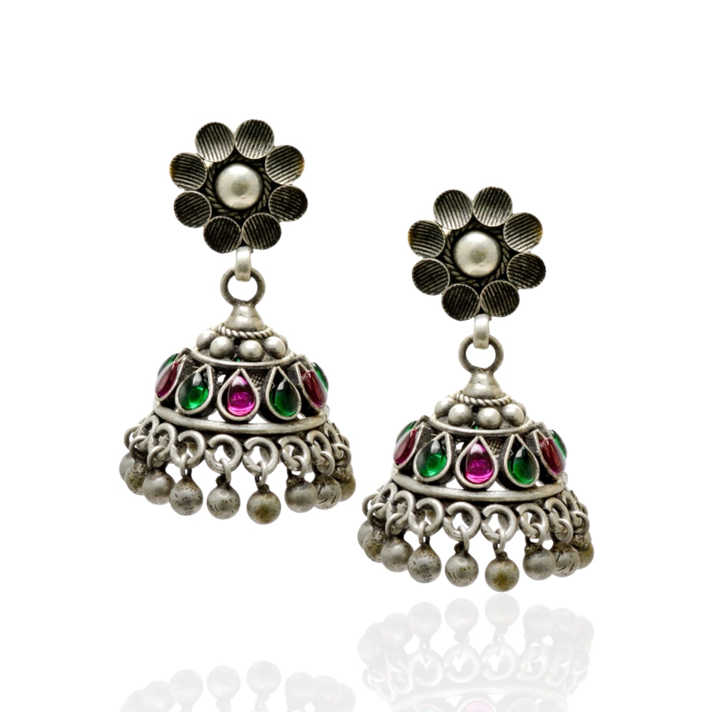 Azita 925 Sterling Silver Oxidised Jhumki Earrings for Women and Girls| Pink & Green Drop Stones | With Certificate of Authenticity & 925 Stamp|