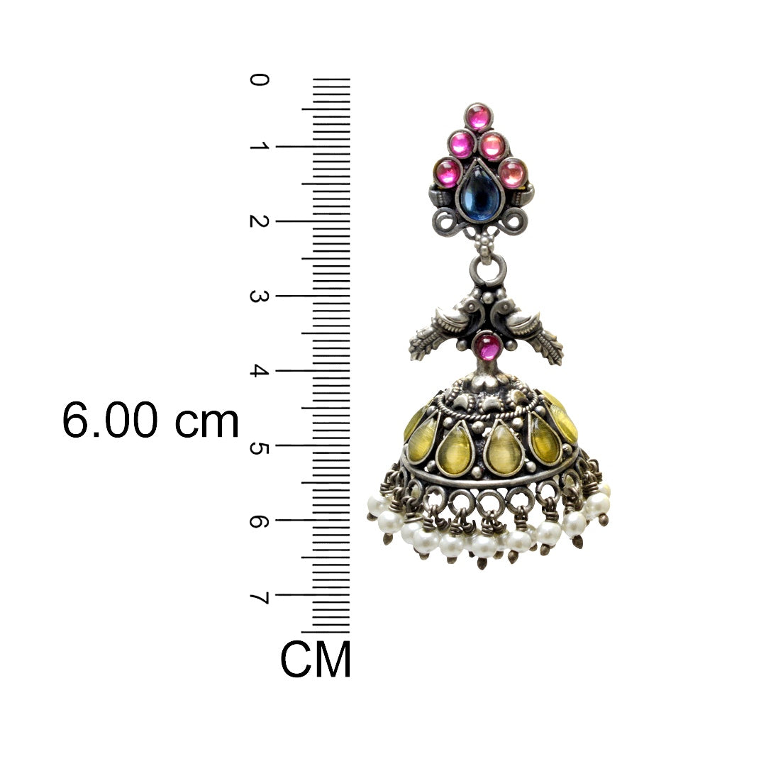 Azita 925 Sterling Silver Oxidised Jhumki Earrings for Women and Girls| Peacock with yellow Stone | With Certificate of Authenticity & 925 Stamp|