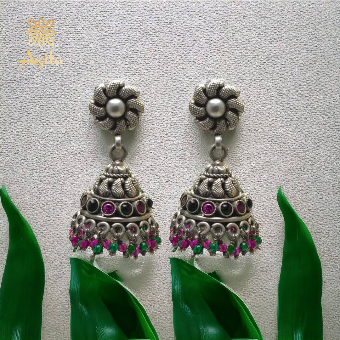 Azita 925 Sterling Silver Oxidised Jhumki Earrings for Women and Girls| Small Flower Top | With Certificate of Authenticity & 925 Stamp|
