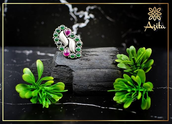 Azita 925 Sterling Silver Oxidised Cocktail Rings for Women with Certificate of Authenticity and 925 Stamp | Pink and Green Stone Elongated Ring |
