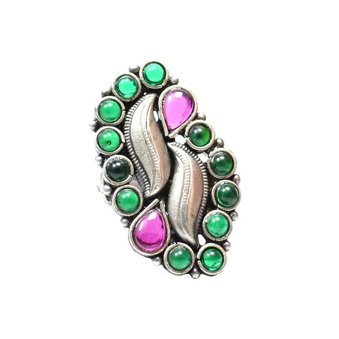 Azita 925 Sterling Silver Oxidised Cocktail Rings for Women with Certificate of Authenticity and 925 Stamp | Pink and Green Stone Elongated Ring |