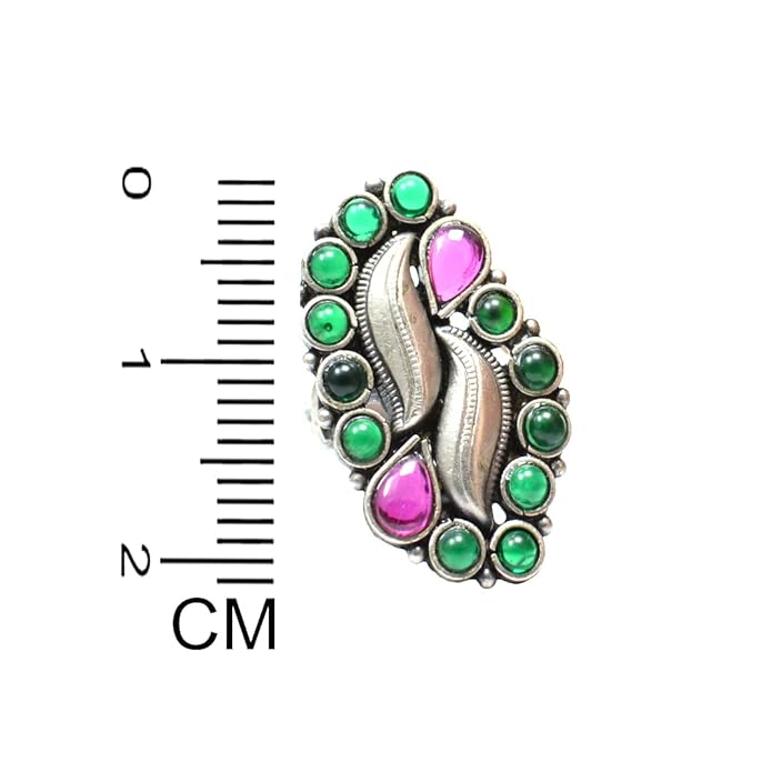 Azita 925 Sterling Silver Oxidised Cocktail Rings for Women with Certificate of Authenticity and 925 Stamp | Pink and Green Stone Elongated Ring |