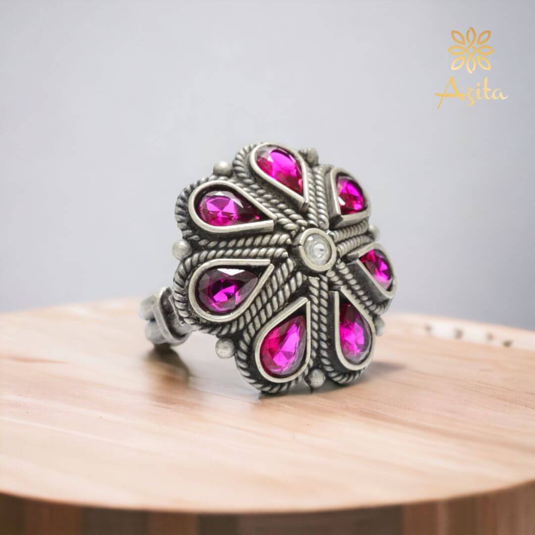 Azita 925 Sterling Silver Oxidised Cocktail Ring for Women and Girls | Pink Flower Top | With Certificate of Authenticity and 925 Stamp.