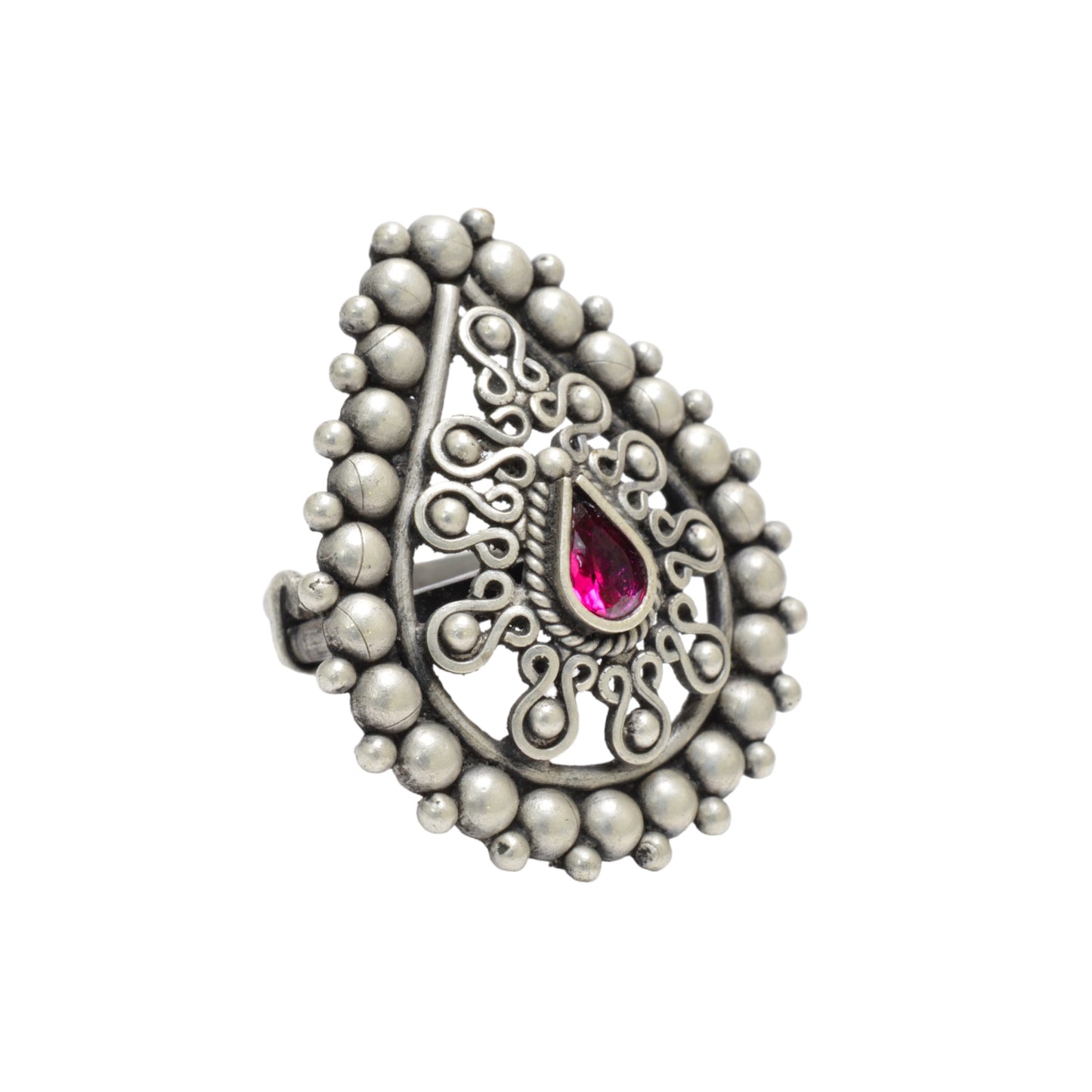 Azita 925 Sterling Silver Oxidised Cocktail Ring for Women and Girls | Pear Shape Ring with centre Pink Pear Stone | With Certificate of Authenticity and 925 Stamp.