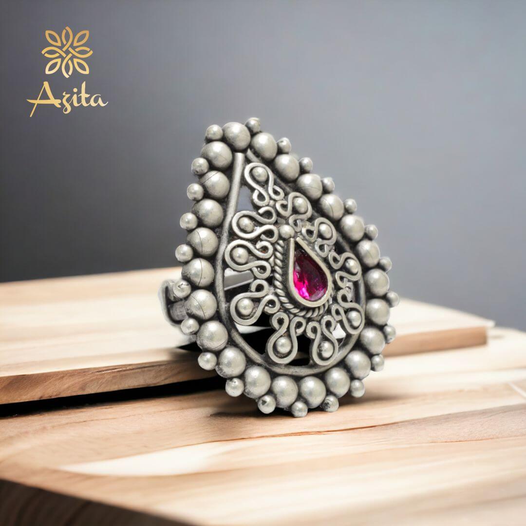 Azita 925 Sterling Silver Oxidised Cocktail Ring for Women and Girls | Pear Shape Ring with centre Pink Pear Stone | With Certificate of Authenticity and 925 Stamp.