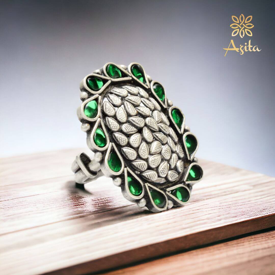 Azita 925 Sterling Silver Oxidised Cocktail Ring for Women and Girls | Cylindrical Shape Ring with Green Stone | With Certificate of Authenticity and 925 Stamp.