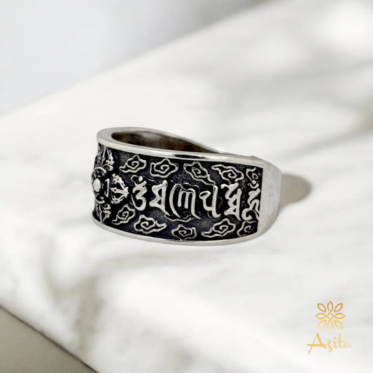 Azita 925 Sterling Silver Buddhism Mantra Ring for Men and Boys with Certificate of Authenticity and 925 Stamp.