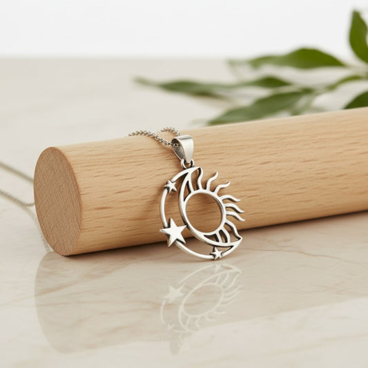 Azita 925 Sterling Silver Sun, Moon and Star Pendant for Men, Women and Kids without chain with Certificate of Authenticity and BIS Hallmark