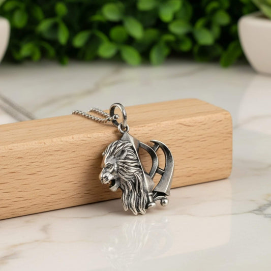 Azita 925 Sterling Silver Sikhism Khanda Pendant for Men and Women | Lion Face | Without Chain with Certificate of Authenticity and BIS Hallmark.