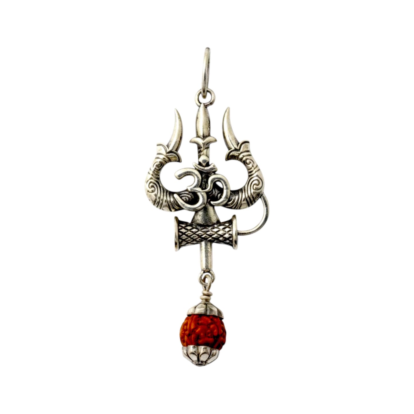 Azita 925 Sterling Silver God Shiv Trishul with Om with 8mm Brown Rudraksh Pendant for Men and Women without Chain with Certificate of Authenticity and BIS Hallmark.