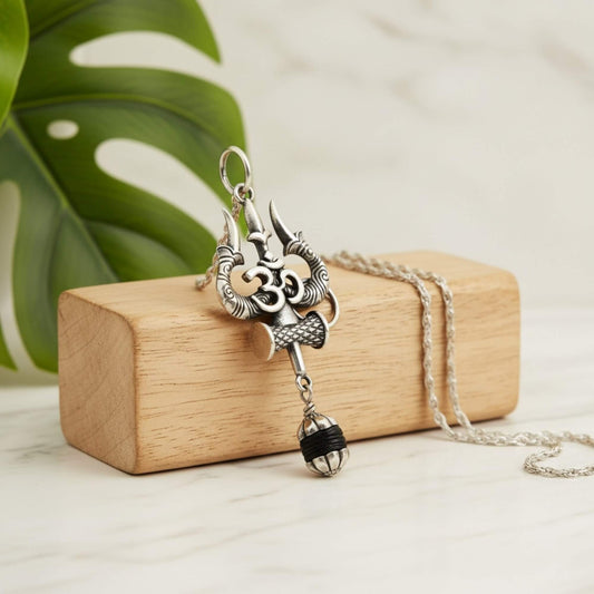 Azita 925 Sterling Silver God Shiv Trishul with Om with 8mm Black Rudraksh Pendant for Men and Women without Chain with Certificate of Authenticity and BIS Hallmark.