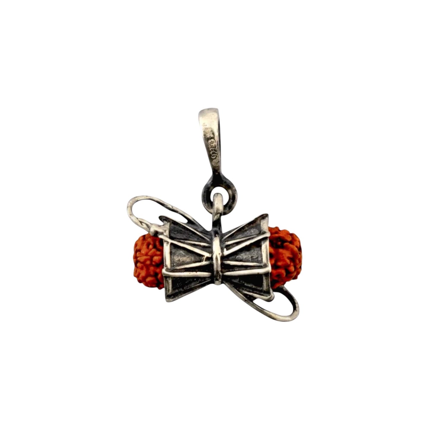 Azita 925 Sterling Silver God Shiv Damru Pendant for Men and Women | 8mm Brown Rudraksh| Without Chain with Certificate of Authenticity and BIS Hallmark.