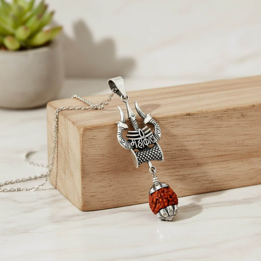 Azita 925 Sterling Silver God Mahakal Shiv Trishul Pendant for Men and Women | 8mm Brown Rudraksh | Without Chain with Certificate of Authenticity and BIS Hallmark.