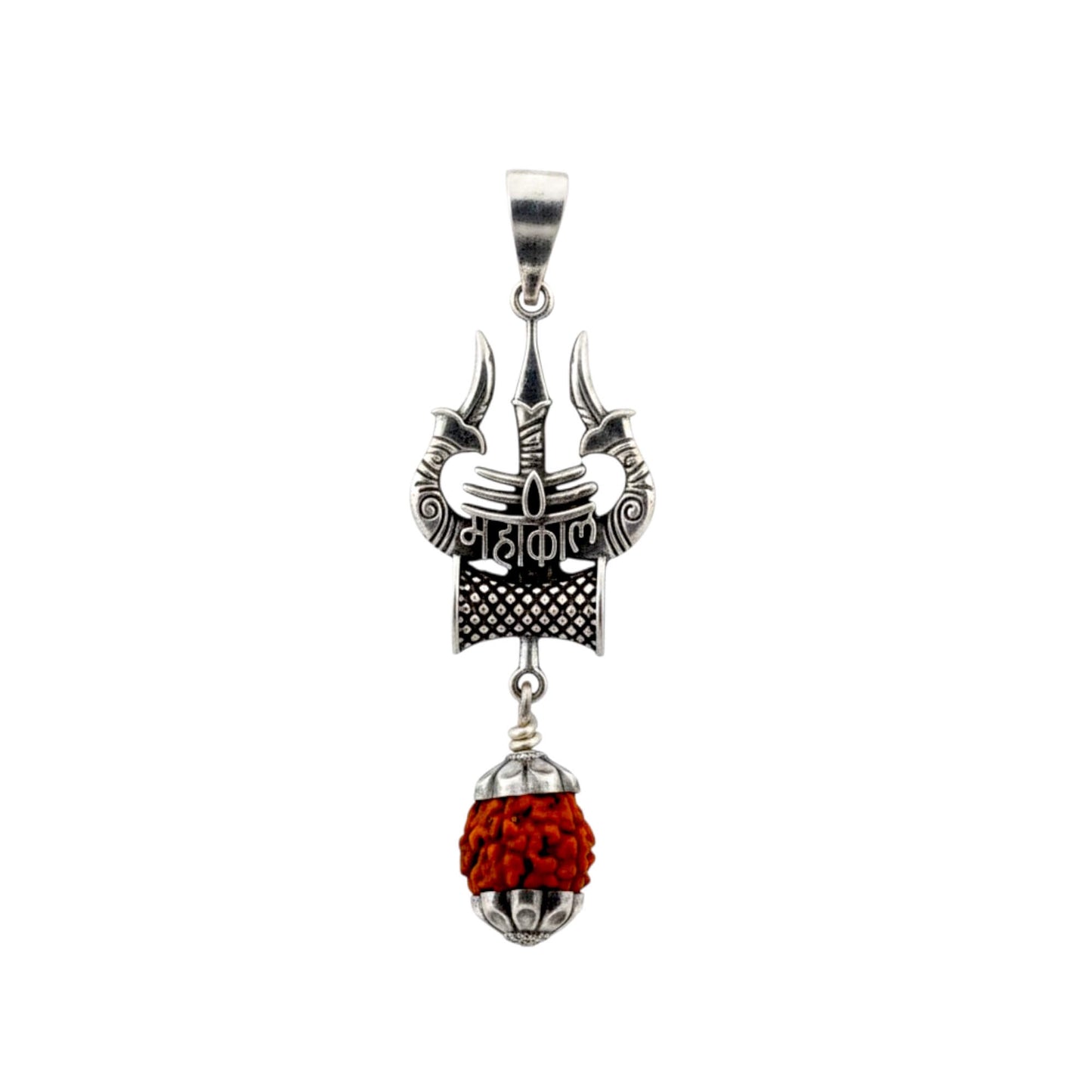 Azita 925 Sterling Silver God Mahakal Shiv Trishul Pendant for Men and Women | 8mm Brown Rudraksh | Without Chain with Certificate of Authenticity and BIS Hallmark.