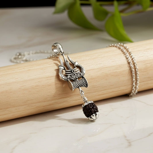 Azita 925 Sterling Silver God Mahakal Shiv Trishul Pendant for Men and Women | 8mm Black Rudraksh | Without Chain with Certificate of Authenticity and BIS Hallmark.