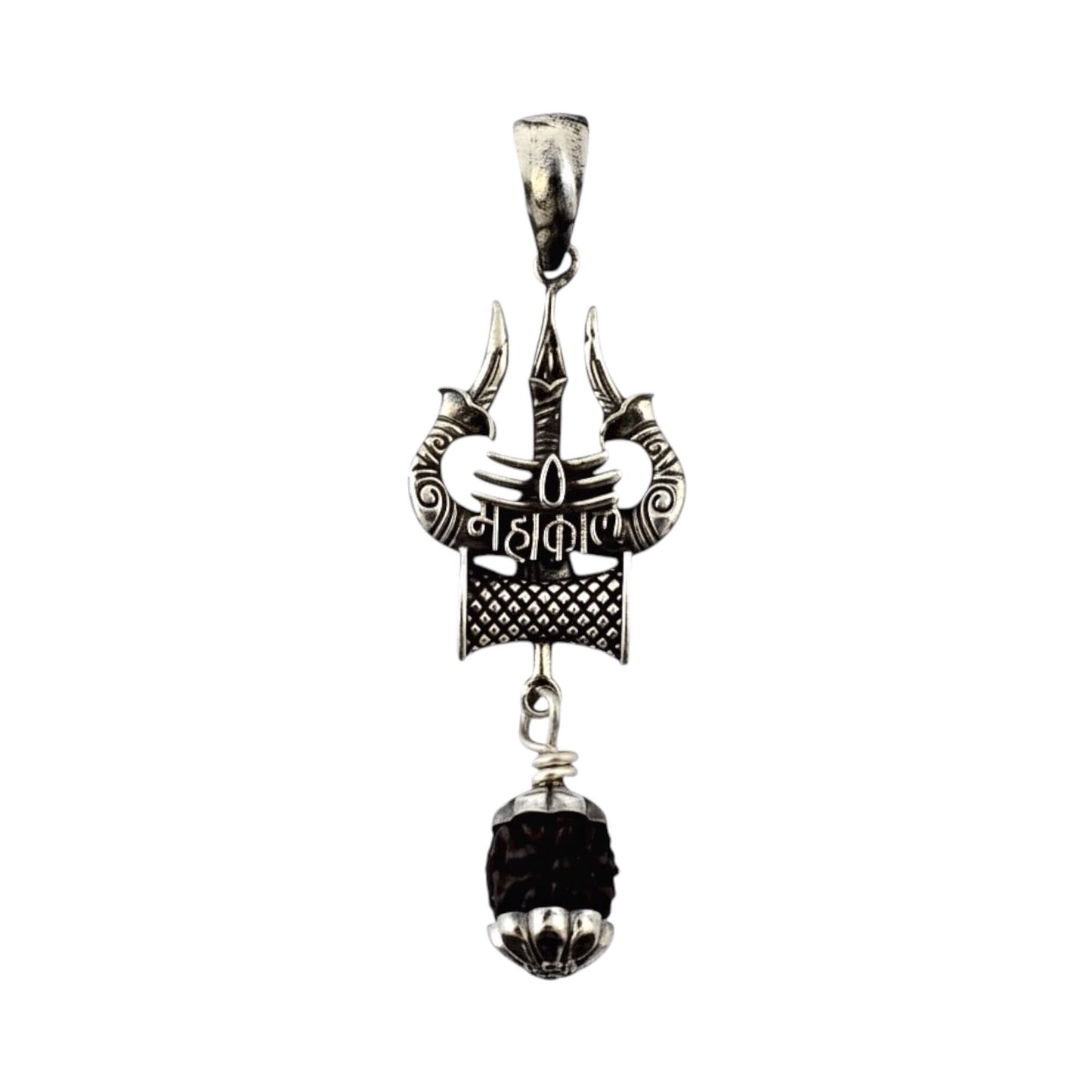 Azita 925 Sterling Silver God Mahakal Shiv Trishul Pendant for Men and Women | 8mm Black Rudraksh | Without Chain with Certificate of Authenticity and BIS Hallmark.