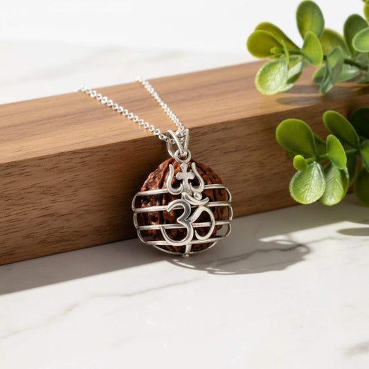 Azita 925 Sterling Silver Om Pendant for Men and Women | 14mm 5 Mukhi Rudraksh| Without Chain with Certificate of Authenticity and BIS Hallmark.
