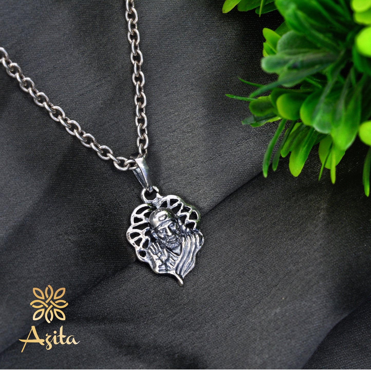 Azita 925 Sterling Silver God Sai Baba Pendant for Men and Women| On Leaf | Without Chain| With Certificate of Authenticity and 925 Stamp.