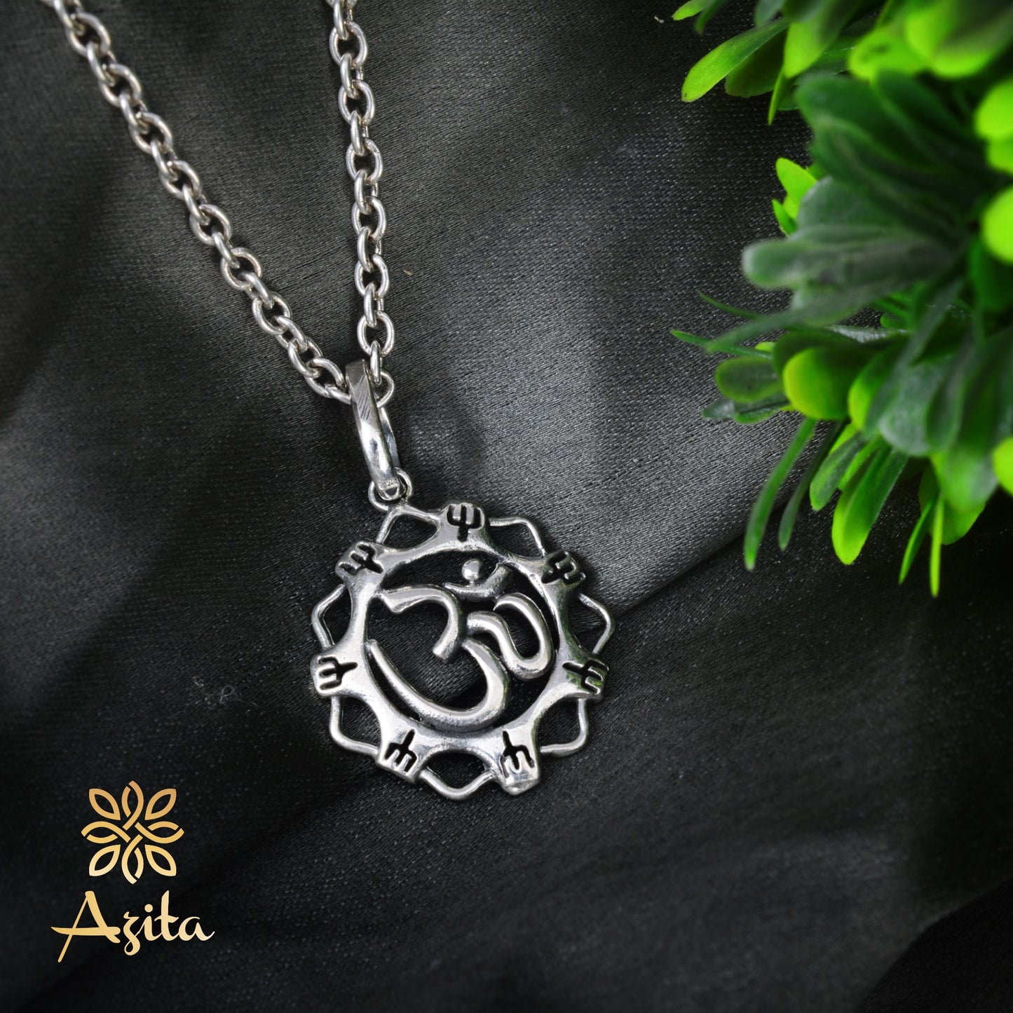 Azita 925 Sterling Silver Divine Om Pendant for Men and Women | With Shiv Trishul Flower| Without Chain| With Certificate of Authenticity and 925 Stamp.