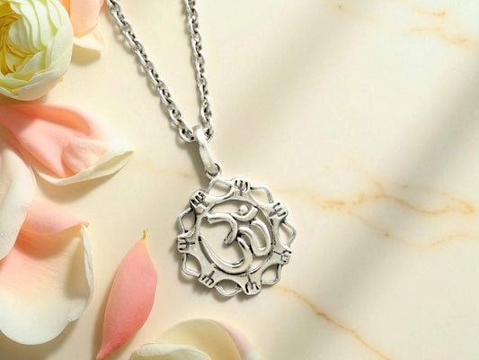 Azita 925 Sterling Silver Divine Om Pendant for Men and Women | With Shiv Trishul Flower| Without Chain| With Certificate of Authenticity and 925 Stamp.
