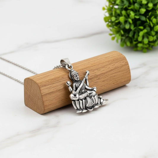 Azita 925 Sterling Silver Goddess Swaraswati Maa Pendant for Men and Women| Without chain | With Certificate of Authenticity and BIS Hallmark.