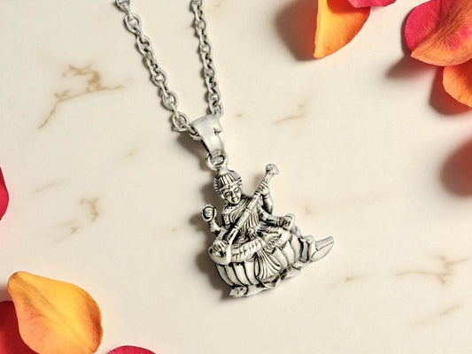 Azita 925 Sterling Silver Goddess Swaraswati Maa Pendant for Men and Women| Without chain | With Certificate of Authenticity and BIS Hallmark.
