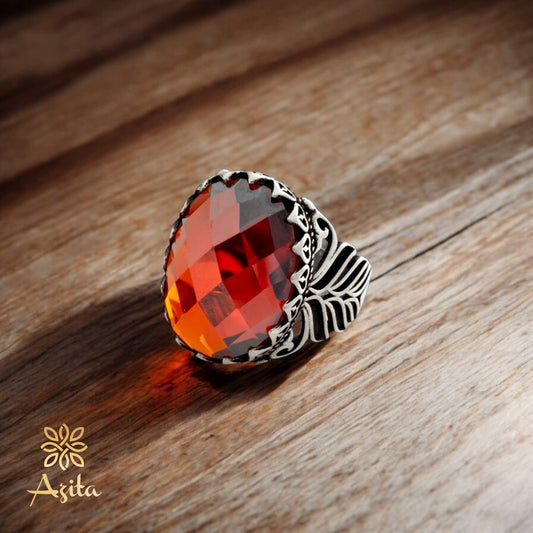 Azita 925 Sterling Silver Red Stone Turkish Ring for Men and Boys with Certificate of Authenticity and BIS Hallmarked