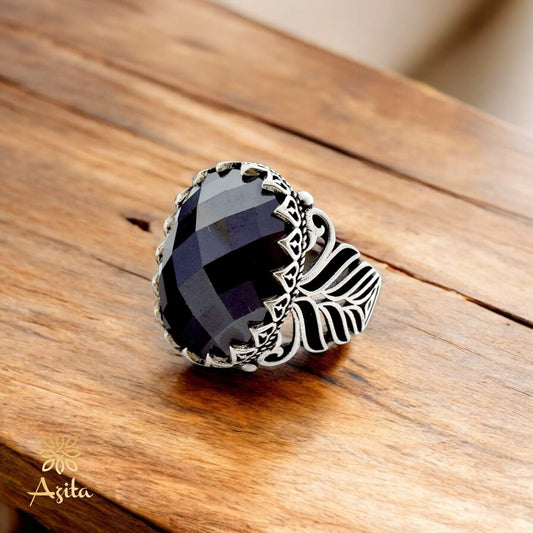 Azita 925 Sterling Silver Black Stone Turkish ring for Men and Boys with Certificate of Authenticity and BIS Hallmark.