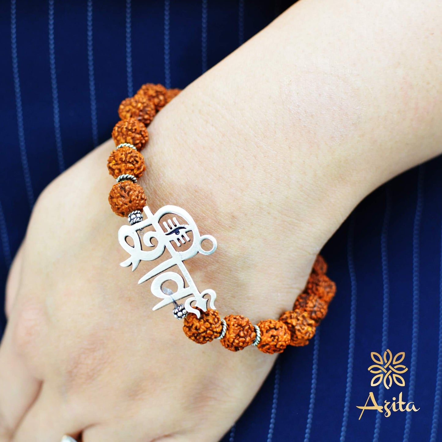 Azita 925 Sterling Silver Flexible Rudraksha Bracelet with God Shiv charm for Men and Women| With Certificate of Authenticity and BIS Hallmark