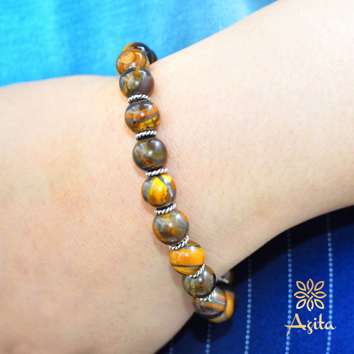Azita 925 Sterling Silver Flexible Tiger eye Bracelet for Men and Women|Silver Spiral Beads| With Certificate of Authenticity