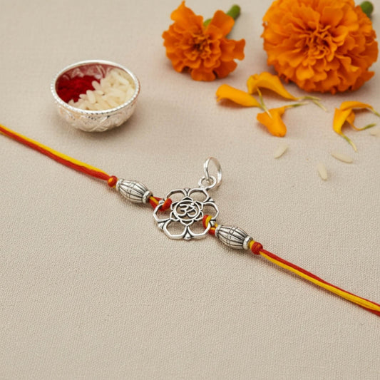 Azita 925 Sterling Silver 2-in-1 Rakhi for Men and Women| Om in Flower | With Certificate of Authenticity and BIS Hallmark.