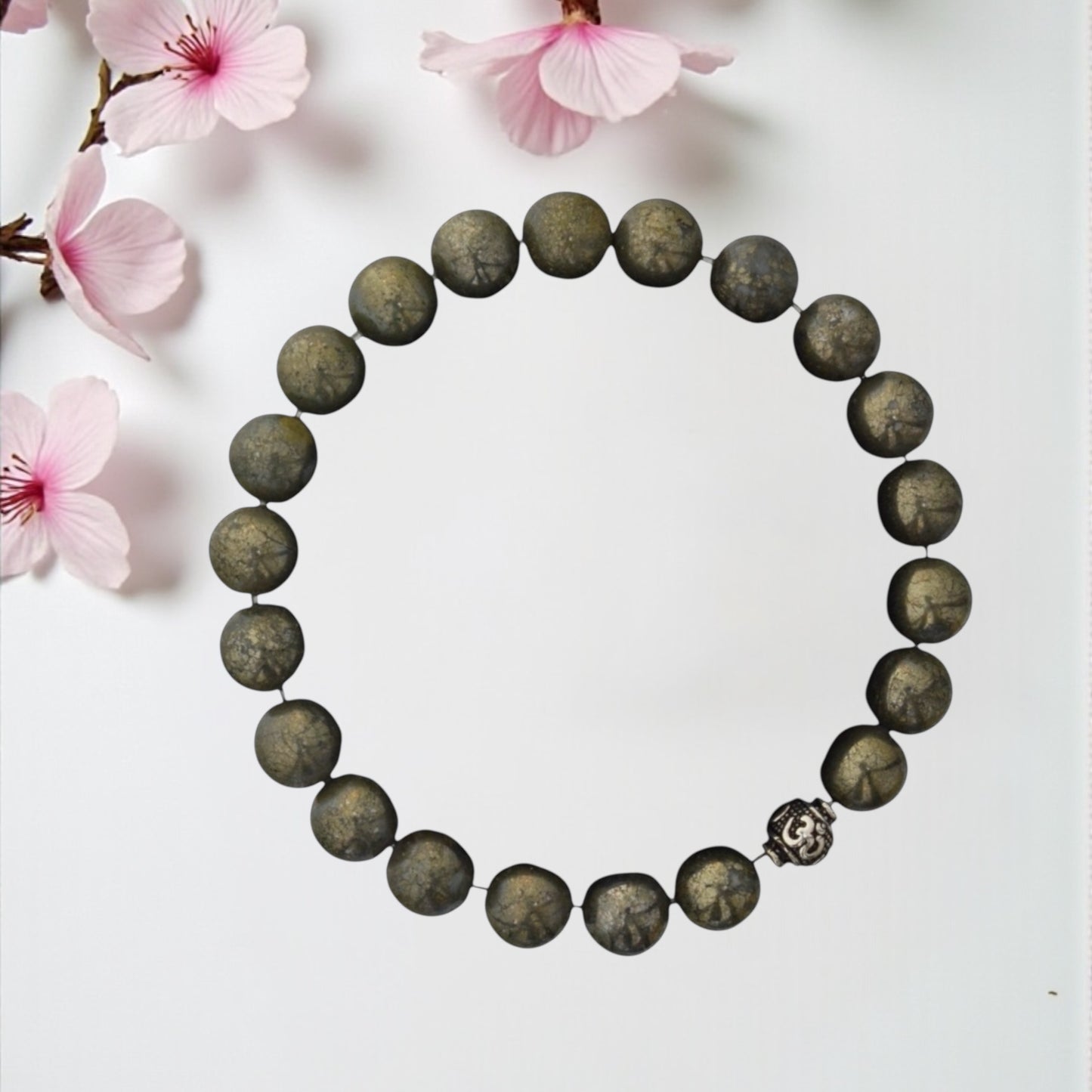 Azita 925 Sterling Silver Stretchable 8mm Pyrite Bracelet for Men and Women with Om Silver Bead | with Certificate of Authenticity| Attract Wealth and Success