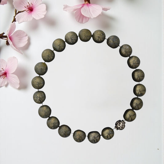 Azita 925 Sterling Silver Stretchable 8mm Pyrite Bracelet for Men and Women with Om Silver Bead | with Certificate of Authenticity| Attract Wealth and Success