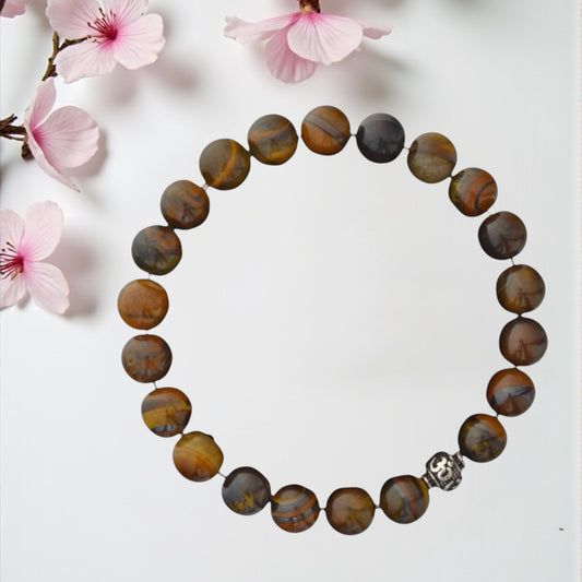 Azita 925 Sterling Silver Stretchable 8mm Tiger Eye Bracelet for Men and Women with Om Silver Bead | with Certificate of Authenticity| For Confidence and Protection