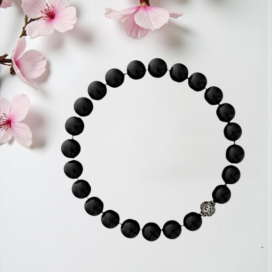 Azita 925 Sterling Silver Stretchable 8mm Black Onyx Bracelet for Men and Women with Om Silver Bead | with Certificate of Authenticity| Protection, Strength & Energy Balance