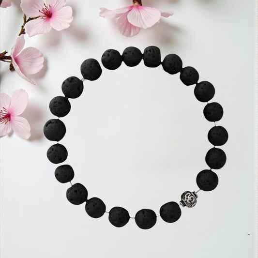 Azita 925 Sterling Silver Stretchable 8mm Lava Stone Bracelet for Men and Women with Om Silver Bead | with Certificate of Authenticity| Lava Stones known for grounding, calming energy and essential oil absorption.