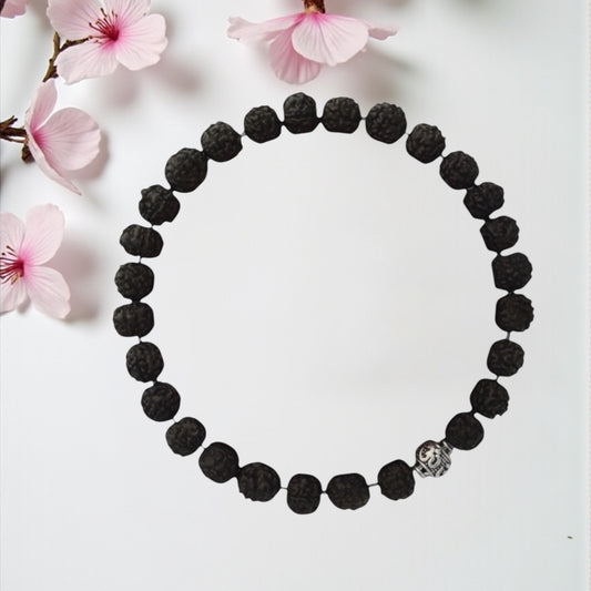 Azita 925 Sterling Silver Stretchable 8mm Black Rudraksh Bracelet for Men and Women with Om Silver Bead | with Certificate of Authenticity| Black Rudraksh known for promoting peace, protection, and spiritual growth