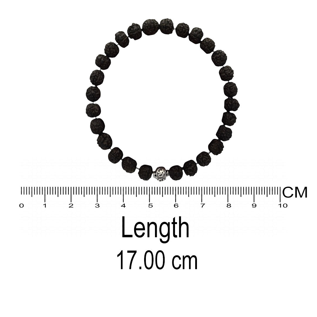 Azita 925 Sterling Silver Stretchable 8mm Black Rudraksh Bracelet for Men and Women with Om Silver Bead | with Certificate of Authenticity| Black Rudraksh known for promoting peace, protection, and spiritual growth